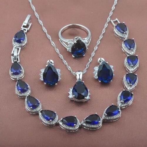 Womens Wedding Jewelry Blue Zirconia Water Drop Jewelry Sets Necklace Earrings Rings Bracelet Free Gift Box YZ0255