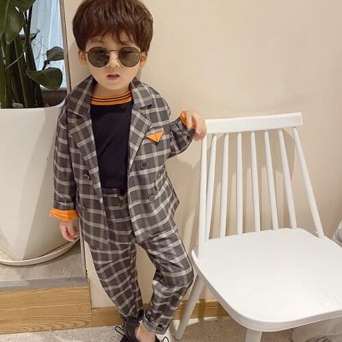 Flower Boys Handsome Plaid Jacket+Pants 2Pcs Clothing Set Gentle Kids Formal Wedding Suit Children Performance Graduation Dress