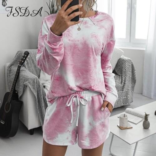 FSDA Summer 2020 Women Set Home Tie Dye Long Sleeve Top Shirt And Shorts White Outfits Casual Suit Loose Two Piece Sets