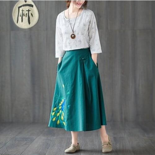 Summer Loose Leisure All-Match Retro Embroidery Skirt 2020 New Simple Comfortable Solid Cotton Enthic Aesthetic Skirt 11599