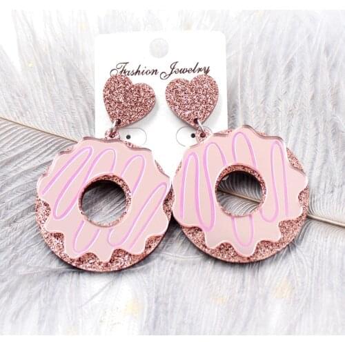 Fashion Lovely Shiny Pink Peach Heart Sweet Doughnut Acrylic Earrings for Women Girls Glitter Powder Night Club Party Earrings