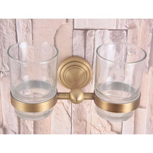 Wall Mounted Vintage Retro Antique Brass Bathroom Toothbrush Holder Set Bathroom Accessory Dual Clear Glass Cup mba737