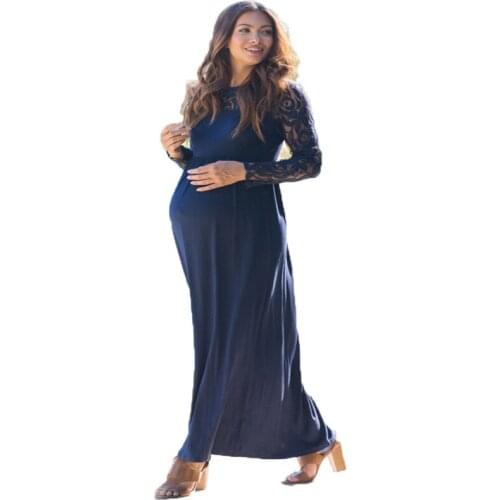 2021 new fashion pregnant women wear Pure color lace maternity dresses pregnancy Long sleeve dress women elegant Q0105