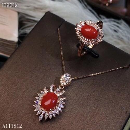 KJJEAXCMY boutique jewels 925 Silver-inlaid Natural Red Coral Ring Necklace Set Support Detection