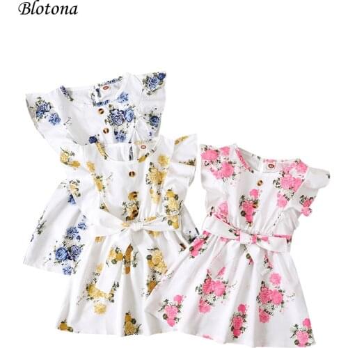 Blotona Little Girls Sweet Fly Sleeve Dress Fashion Flower Button Round Neck Bandage A-line Princess Dress, 18Months-6Years