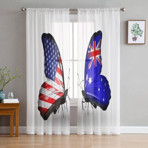 Animal Blue Butterfly American Flag Sheer Curtain for Living Room Bedroom Kitchen Modern Tulle Window Treatment Home Decor