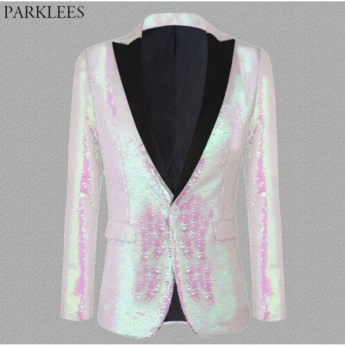 Pink Sequin Glitter Blazer Jacket Male 1 Button Patchwork Collar Shiny Blazers Mens Party Prom Stage Clothes for Singers Dancers
