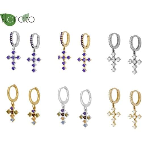 Cross Pendant Earrings Joyero Purple/Colorful Crystal 925 Silver Ear Buckle Huggies Hoop Earrings For Women Charming Ear Jewelry