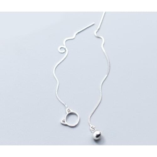 MloveAcc Real 100% 925 Sterling Silver Cat Bell Long Chain Earrings for Women S925 Silver Drop Earrings Jewelry Gift