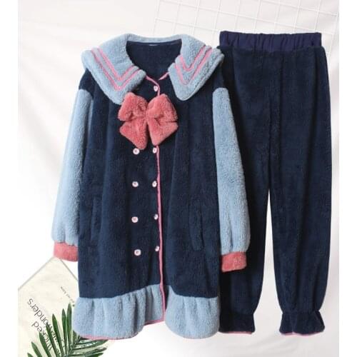 Winter thick warm cartoon bow sailor suit loose plus size home service trousers suit cute female pajamas