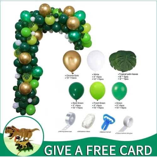 106PCS Green Balloon Garland Arch Kit Latex Balloons With Dinosaur Cards for Forest Safari Jungle Tropical Theme Bridal Party