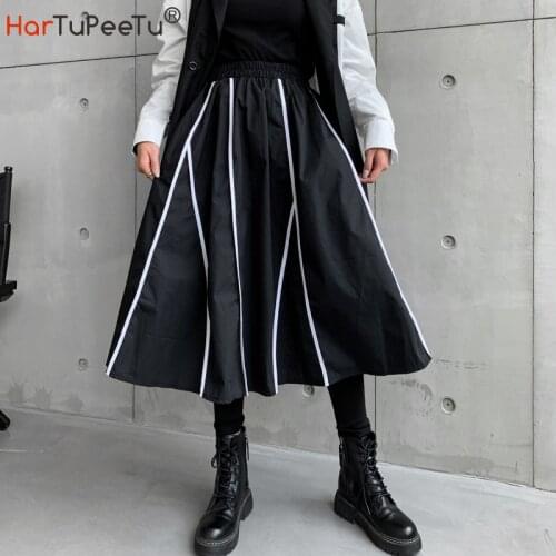 2021 Autumn Women Skirt Midi Black White Striped A Line Elastic High Waist Loose Irregular Vestido Mujer with Pockets