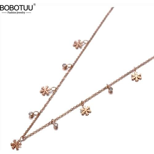 BOBOTUU Original Design Titanium Stainless Steel Snowflake Charm Choker Necklaces Bohemia CZ Crystal Necklace For Women BN20011