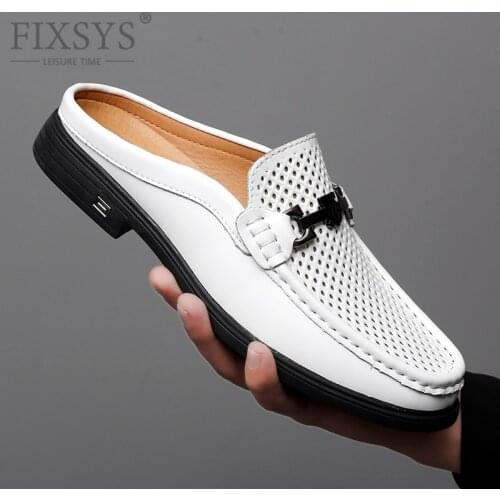 FIXSYS Brand Leather Men Half Shoes High Quality Buckle Slip-on Slippers Mesh Breathable Mule Lightweight Non-slip Loafer Slides