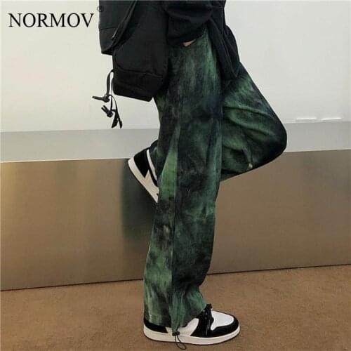 NORMOV Harajuku Corduroy Trousers Women Tie-Dye Printed Loose Pants Women Streetwear High Waist Casual Straight Tie Feet Pants