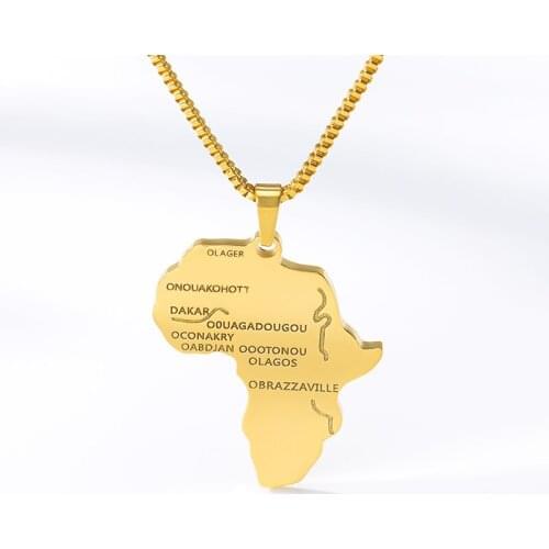 Box Chain Africa Necklace Gold Color Pendant Choker Necklace African Map Hiphop Gift for Men Women Earth Ethiopian Jewelry