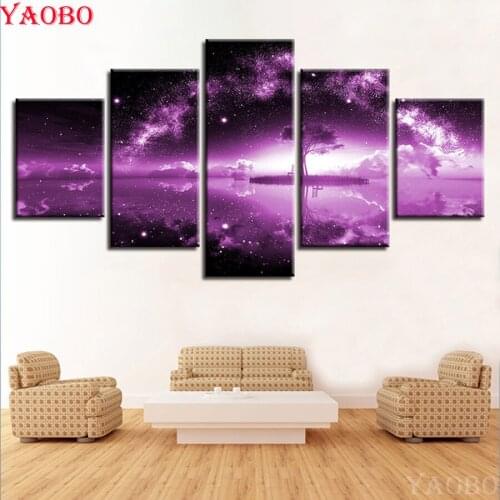 DIY 5D diamond painting Cross Stitch Mosaic Diamond Embroidery Purple Star/Lake/Tree/Landscape Hobbies And Crafts 5pcs/sets