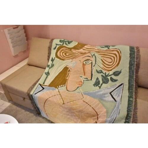 Elegant Girl In A Hat Pattern Sofa Towel Retro Sofa Line Blanket Literary Tablecloth Knitted Throw Blanket Travel Blanket