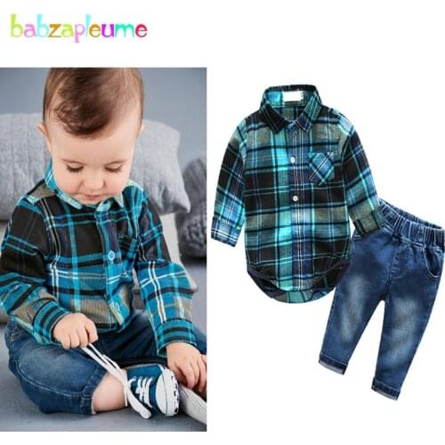 2Piece/Spring Autumn New Born Baby Clothes Suits Gentleman Jumpsuit Fashion Plaid Rompers+Pants Infant Boys Clothing Sets BC1328