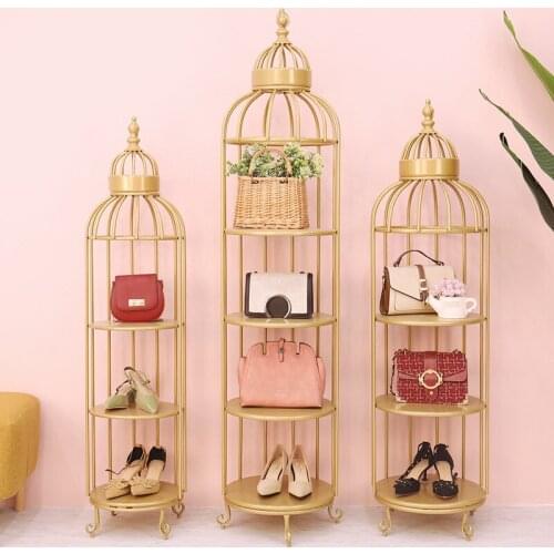Creative window display rack Iron gold clothing store display rack Bird cage storage bag shoe rack floor-to-floor