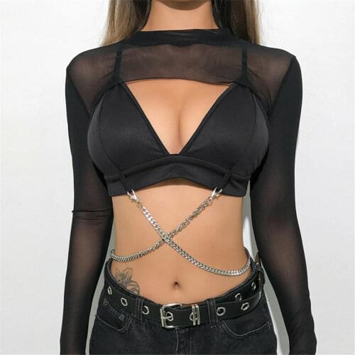 Summer Transparent Mesh Sheer High Cut Women T-shirt Long Sleeve Sexy Crop Tops High Street Clothes Black