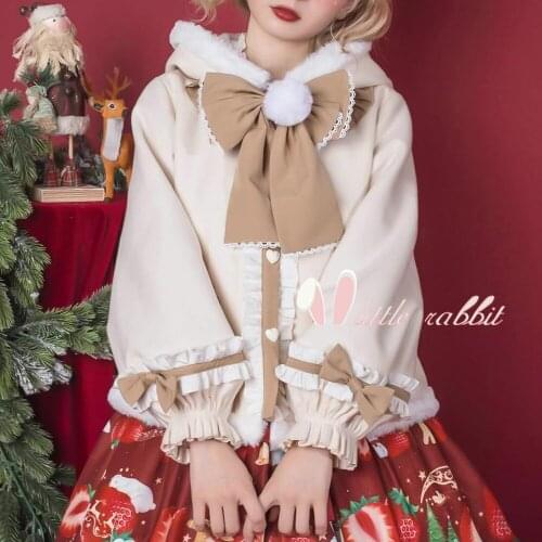 Sweet design Lolita Mori Girl hooded coat Cos Lolita plus velvet thickening cute warm Kawaii Loli short coat