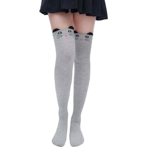 Kawaii Women Socks Cute Cat Printed Long Socks Warm Thigh High Socks Women Long Stockings Fashion Gray Knee Socks Skarpetki #06