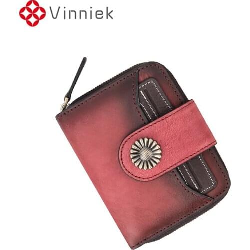 New Genuine Leather Women Short Wallet Bifold Vintage Female Purses for Cards Holders Coins European and American Ladies Wallet