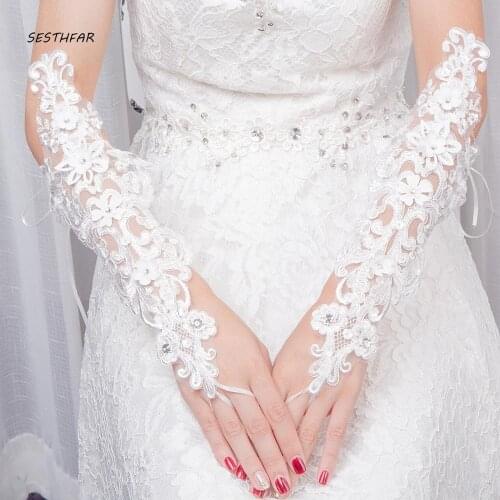 White Wedding Gloves Spring And Summer Thin Tulle Lace Flower Hook Finger Long Bridal Gloves Wedding Accessories ST025