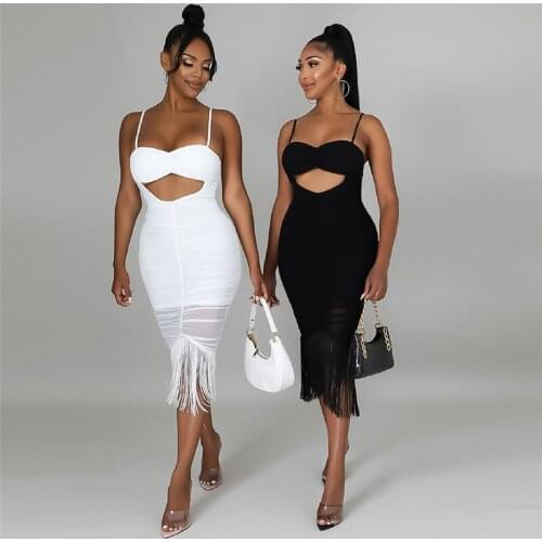 Sexy White Bodycon Dress Women Wedding Party Night Club Outfits Cut Out Ruched Backless Mesh Sheer Tassel Midi Pencil Dress Robe