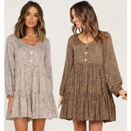 Pleated Ruffled Short Dress V-neck Button Lantern Long Sleeve Vintage Casual Print Loose 2021 Autumn Fashion Women Mini Dresses