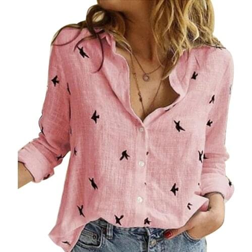 Casual Long Sleeve Birds Print Loose Shirts Women Cotton and Linen Blouses and Tops Vintage Streetwear Plus Size 5XL Tunic