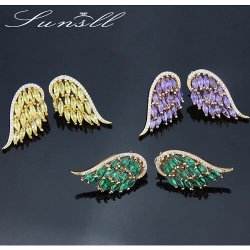 SUNSLL new arrival elegant feather angel wings wings female cubic zirconia fashion party wedding earrings gold earrings