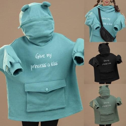 Plus Velvet Sweatshirt Women Hoodies Sweet Japan Tops Creative Stitching Three-dimensional Cute Frogs Pullover Pocket Hoodies