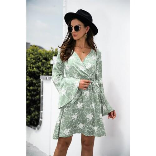 Woman Robe Femme Autumn Print A-Line Dresses Bandage V-Neck Long Sleeve Mini Dress For Womens Clothing 2021 Vestido De Mujer
