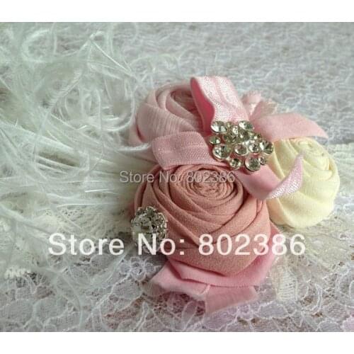 Free Shipping chiffon Roll Flower Ivory Ostrich Feather Headband Kids Hair Accessories
