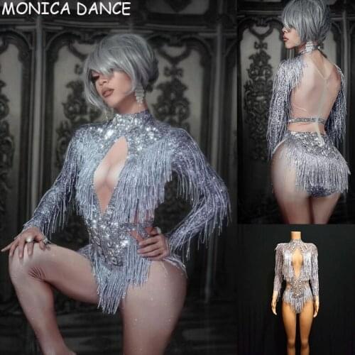 Sparkly Rhinestone Fringes Jumpsuit Dance Costume Big Crystals Bodysuit Tassel Bodysuit Party Stage Wear Dance Show Bodysuit