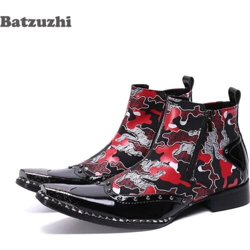 Batzuzhi Ankle Leather Boots Punk Rock Mens Boots Pointed Metal Tip Formal Business Boots Party and Wedding, Big Size US6-US12
