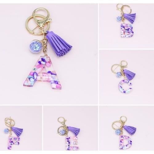 Fashion Alphabet Crystal Tassels Letter Pendent Arylic Liquid Keychain Women Charm Key Chains Gift Car Bag Accessory Key Ring
