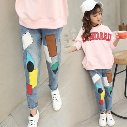 Cartoon Blue Jeans for Girls Boys 2018 Fashion Patch Casual Trousers Teenagers 3-12 Years Elastic Waist Denim Pants