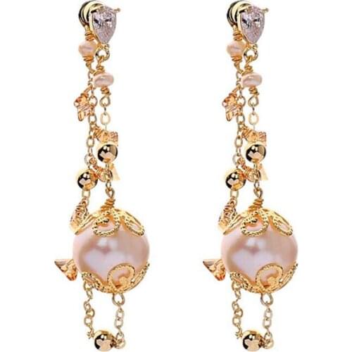 Elegant Women Long Tassel Drop Earrings Round Freshwater Pearls Dangle Earrings Fashion Party Jewelry Ethnic Boho Accessories