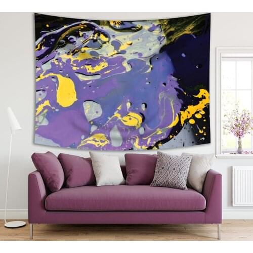 Tapestry Paint Splashing on Dark Surface Creative Abstract Modern Artwork Printed Blue Lilac Yellow