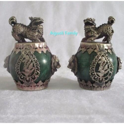 Art collection 1 Pair (2 item) Tibet Silver Green Jade Foo Fu Dog Statue/Chinese Home Decoration FengShui Lion Sculpture