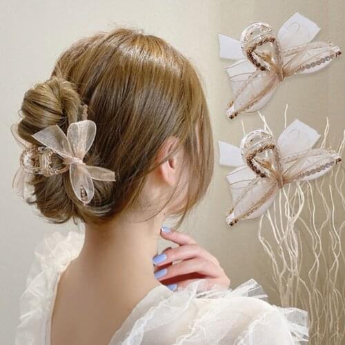 Gauze Bow Hair Claw Clip Girls Chain Drill Shark Hair Clip Women Ins Style Geometry Hollow Hairpin Hair Accessories