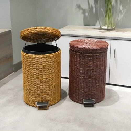 Rattan Slowly Dropping Trash Can Creative Simple Pedal with Lid Hotel Living Room Bedroom Wastebasket Household