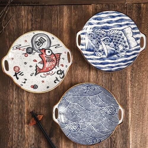 Creative Round Double Ear Plate Ceramic Tableware Cooking Dessert Plate Western-style Dinner Plate Porcelain Kitchen Decoration