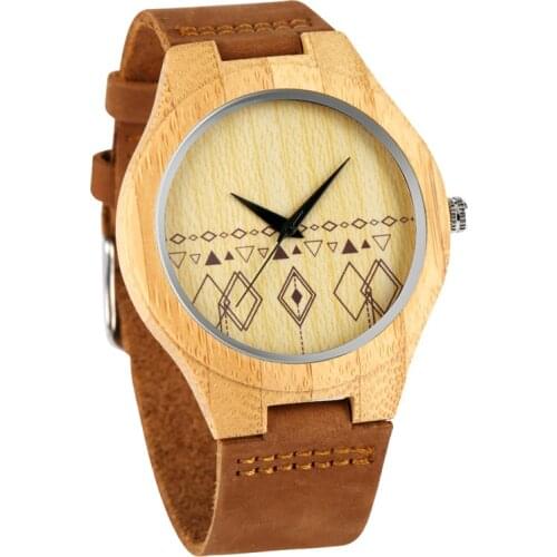 Casual Geometry Design Dial Men Bamboo Wristwatch Brown Genuine Leather Strap Quartz Analog Display Wooden Round Case Reloj Gift