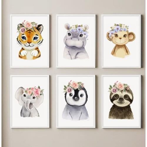 Flower Animal Bear Tiger Penguin Zebra Wall Art Canvas Painting Nordic Posters And Prints Wall Pictures For Kids Room Home Decor