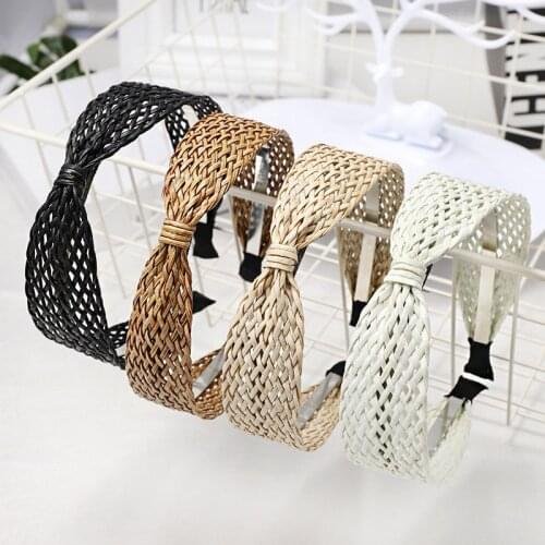 2021 New Women Raffia Straw Knitted Hairbands Natural Bow Knot Headband Hollow Wide Handmade Headwear Vacation Style Hair Hoop