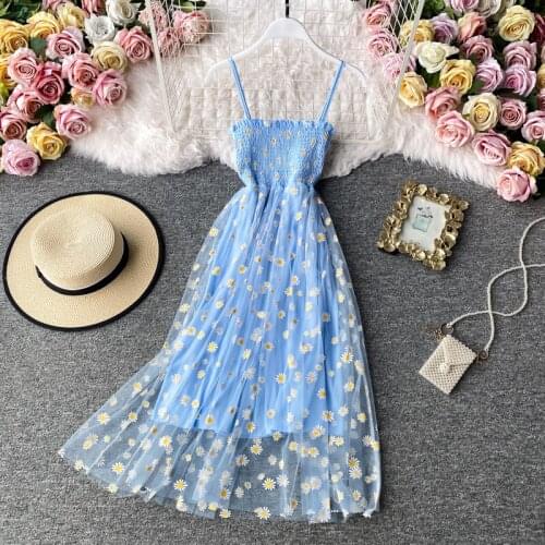 Slip Dress Long Mesh Floral Dress Women Vintage Elegant Sexy Beach Dresses Woman Party Night 2020 Korean Kawaii Ruffle Backless